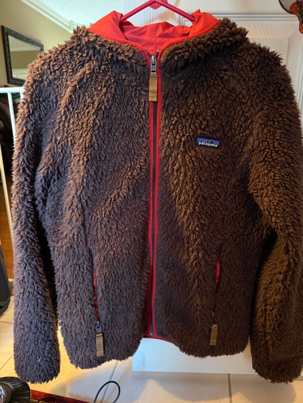 Patagonia Women’s Brown Fuzzy Zip Hoodie with Orange Trim size medium.